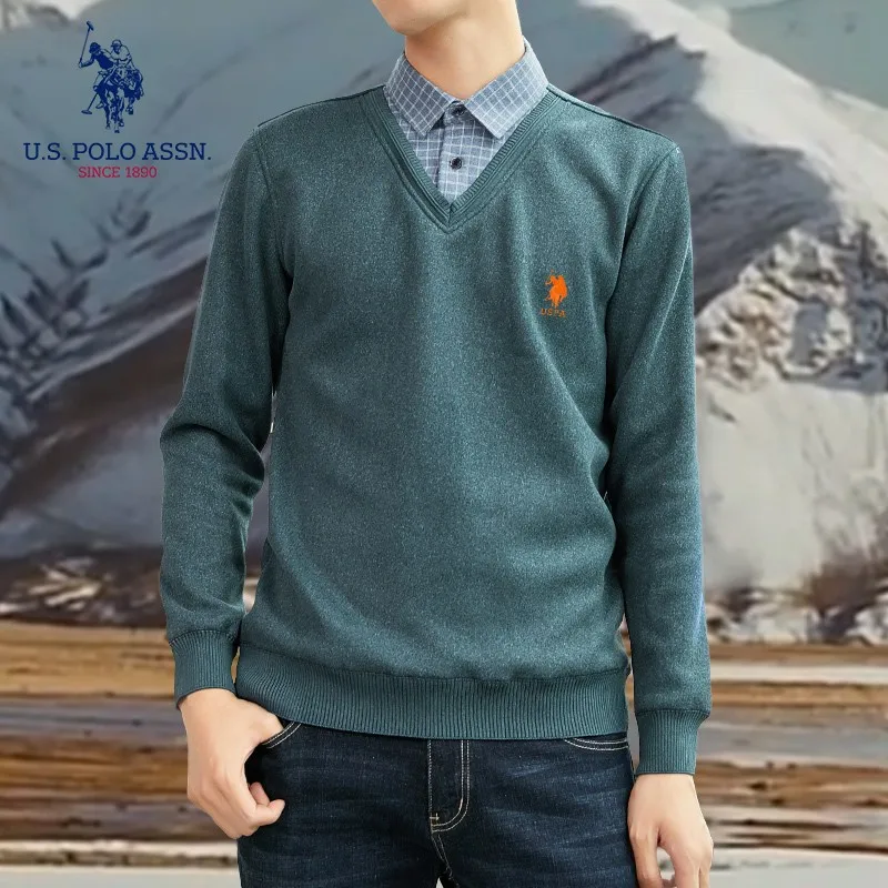 U.S.Polo. Assn. Осень и зима плюс бархатный толстый мужской свитер деловой Повседневный