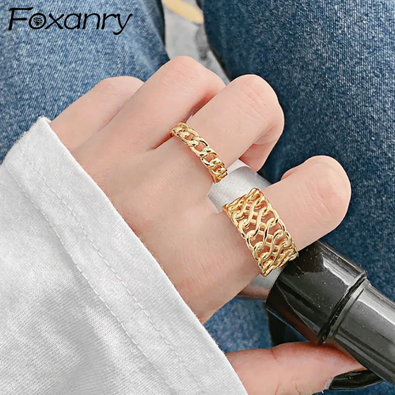

Foxanry 925 Stamp Trendy Rings for Women Creative Simple Hollow Geometric France Gold Plated Birthday Jewelry Gifts