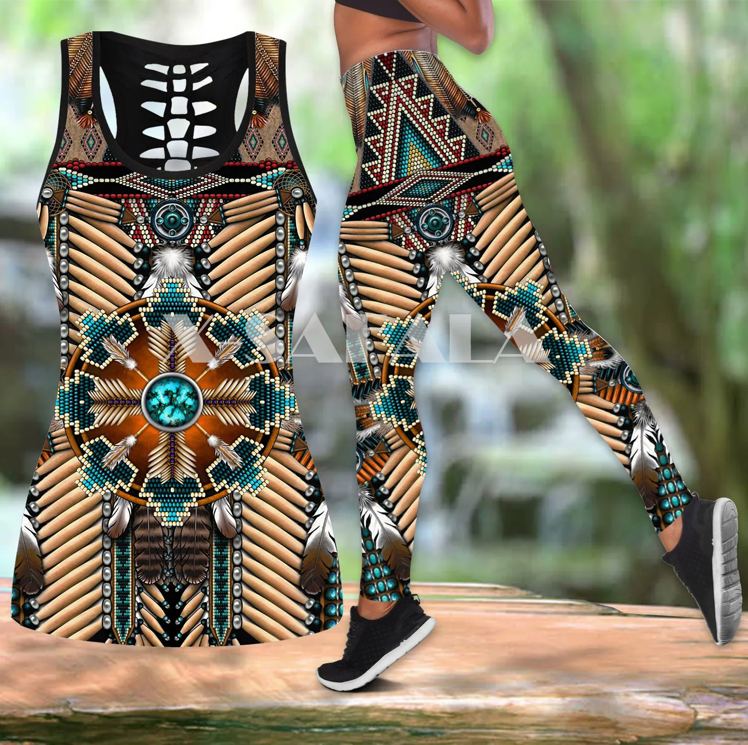 

Native Indian Primitive Two Piece Yoga Set Women 3D Print Vest Hollow Out Tank Top High Waist Legging Summer Casual Sport-4