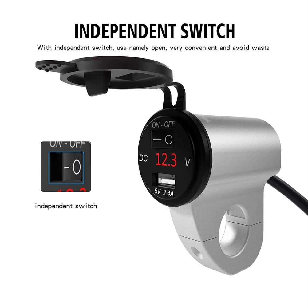 

Motorcycle Aluminum Alloy Waterproof Mobile Phone Charger Digital Display Voltage 2.4A Car USB with Power Off Switch (Silver)