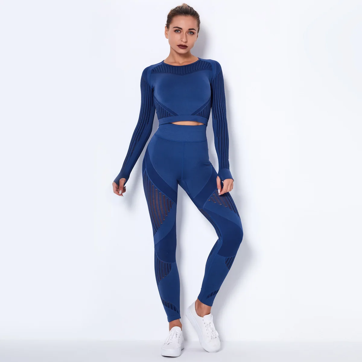 

Hot 2 Piece Set Seamless Yoga Long Sleeve Crop Top Mesh Striped High Waist Leggings Clothing Outfit Fitness Suits Sportswear