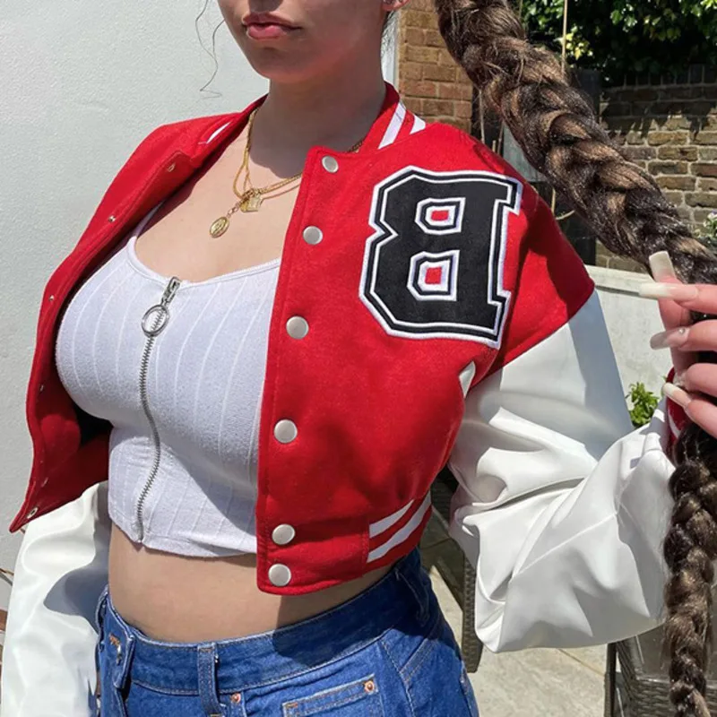 

Y2K Vintage Letter Embroidery Women Autumn Jacket Patchwork Single Breasted Long Sleeve Casual Streetwear Baseball Short Jacket