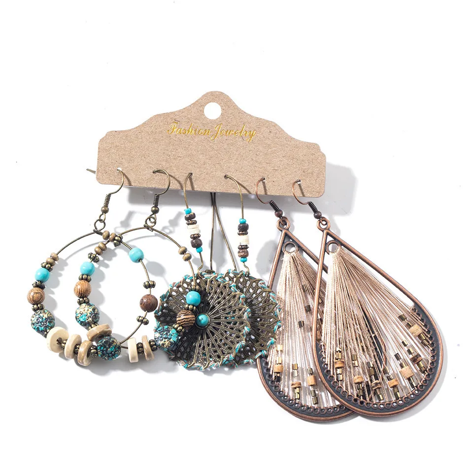 Conjunto de brinco de folha de flor grande do vintage Declaração de jóias feminino Bohemia étnica entrega de bronze longa brincos pendurados para mulheres - Metal Color: Set-1