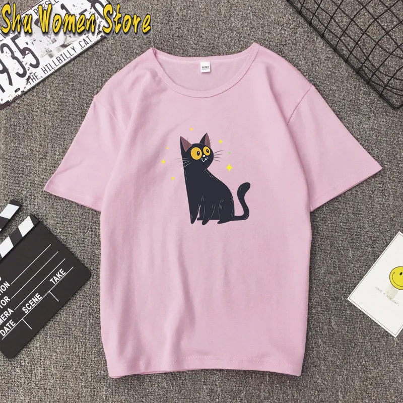 Черная футболка в стиле Харадзюку женские топы с принтом виде мультяшного кота и