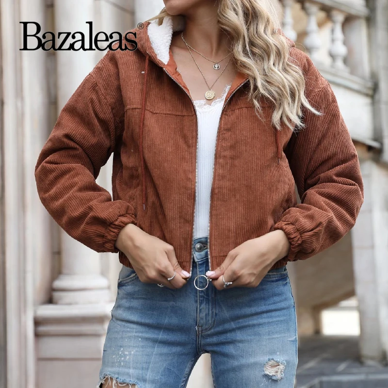 

Bazaleas Pure Color Corduroy Hooded Fleece Single Coat Brown Pocket women's New