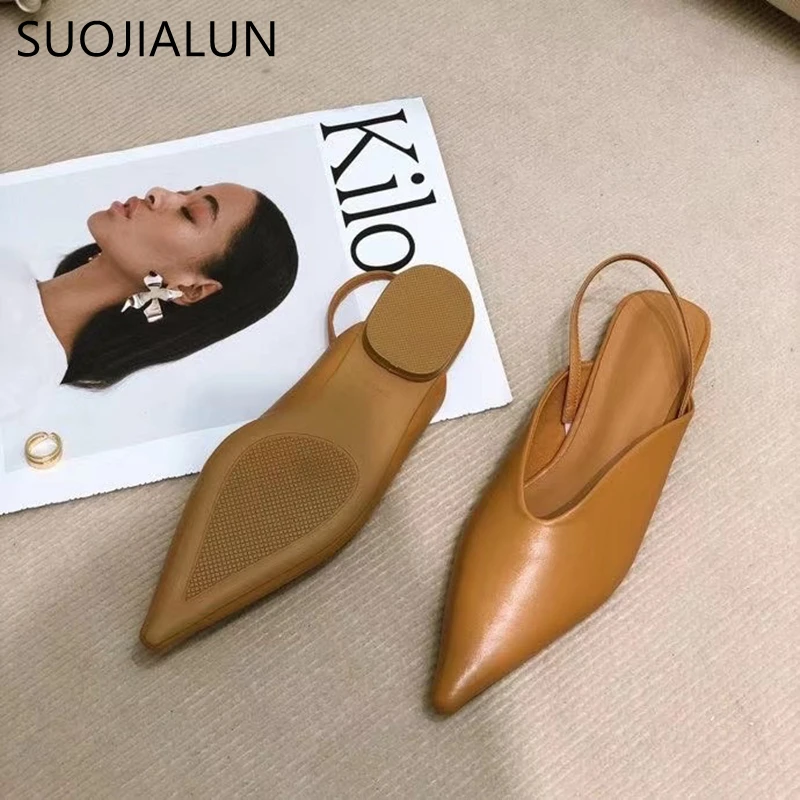 

SUOJIALUN 2021 Fashion Women Slingback Shoes Fashion Pointed Toe Slip On Mules Shoes Ladies Elegant Shallow Party Office Pumps
