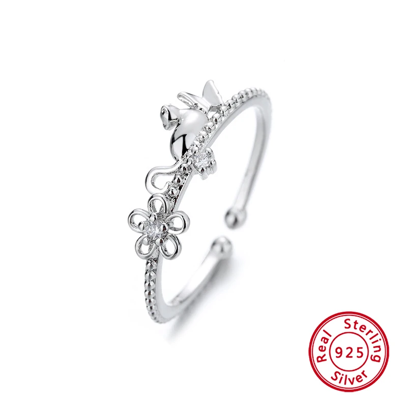 

Trend European Fashion Adjuestable Size Luxury Romantic Flower Cat 925 Sterling Silver Ring for Women Charm Jewelry Gift