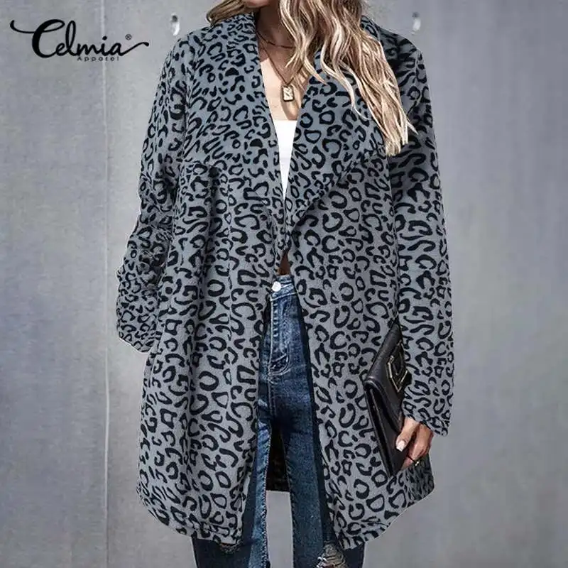 

Женское винтажное пальто с отложным воротником, зимняя модная куртка с леопардовым принтом Celmia, праздничная длинная флисовая верхняя одежд...