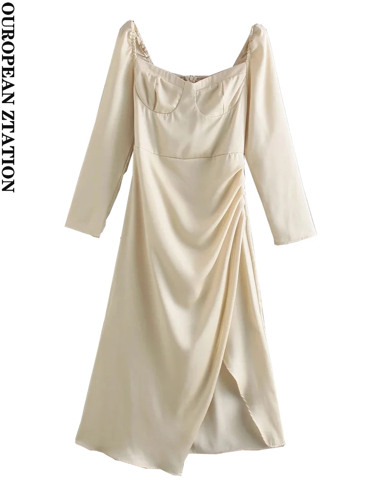 

Женское атласное платье миди со складками и французским разрезом спереди 2022, винтажное платье с открытой спиной и длинными рукавами, женски...