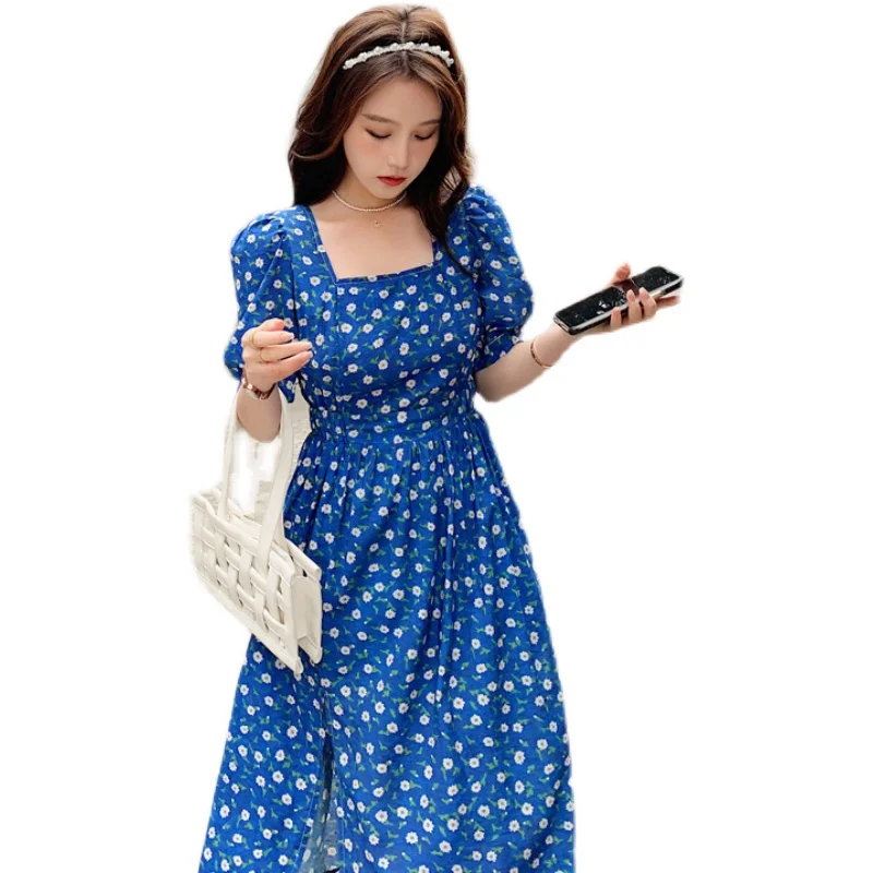 

Blue Floral Dress Summer New One Piece French Retro Puff Sleeve High Waist Slim Up Side Split Elegang Bohemian Mixi Dress