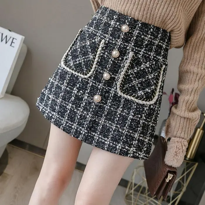 

Tweed Skirts Women Autumn Winter Button Mini Pencil Skirts Plaid Wool Skirts Korean High Waist Elegant Tweed Skirt Lady G1875