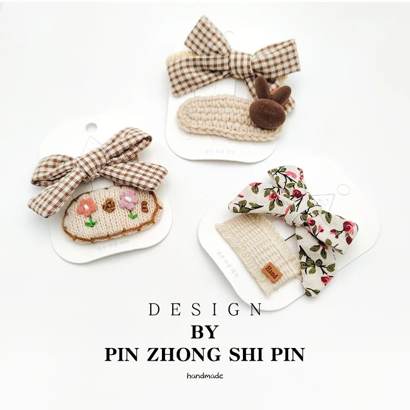 

Korean Version of Autumn and Winter Plaid Floral Bow Hairpin Children's Retro Simple Embroidery Wool Bb Clip Hair Accessories