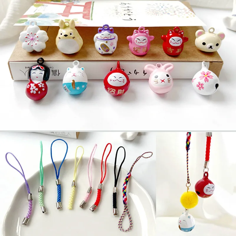 

Copper and Wind Bell Pendant Handmade and Wind Cat Japanese Doll Cherry Blossom Pendant DIY Mobile Phone Strap Anti-Loss 2pcs