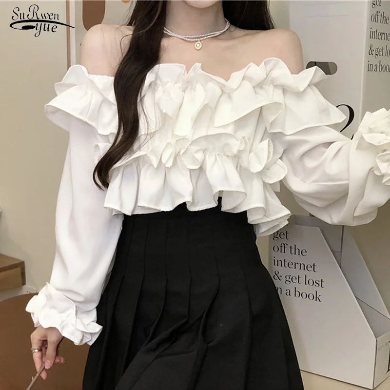 

Elegant Ruffled Slash Neck Short White Blouses Vintage Casual Sexy Tops Slim Petal Sleeve Pleated Patchwork Shirts Blusas 17256