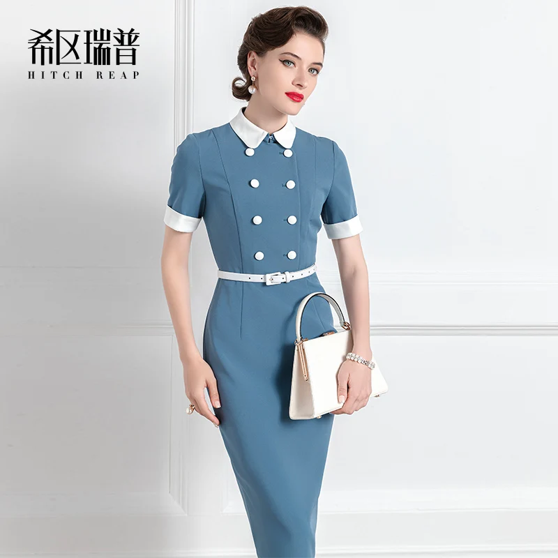 

High End Socialite Temperament Dress Women's 2021 Summer New Professional Slim Color Matching Short Sleeve Skirt
