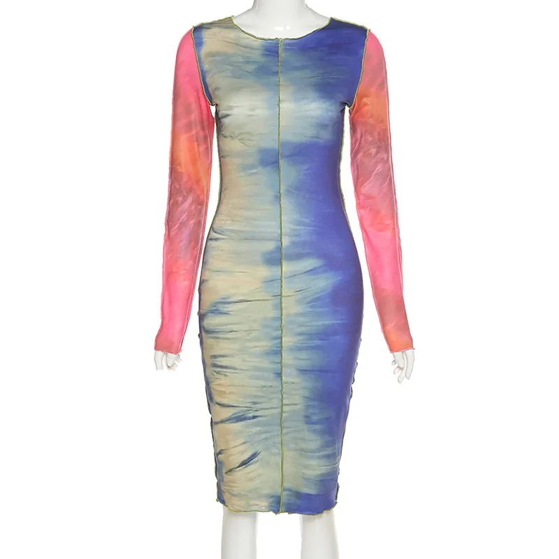 

WJFZQM Tie Dye Patchwork Bodycon Madi Dress Women Autumn Long Sleeve Streetwear O Neck Ruched Party Long Wrap Dresses Clothing