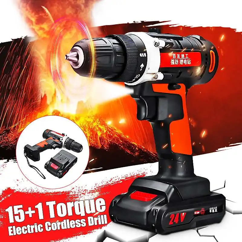 

12V 24V Electric Drill 10mm Rechargeable Electric Screwdriver Cordless Impact Drill 15+1 Torque Double Speed Power Driver Tool