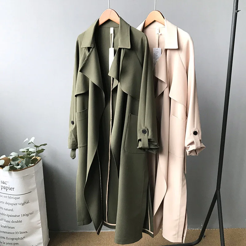 

Women's Windbreaker Long Section Spring Autumn New Lapel Loose Solid Color Korean Loose Casual High-end Quality Trench Coat AZ4