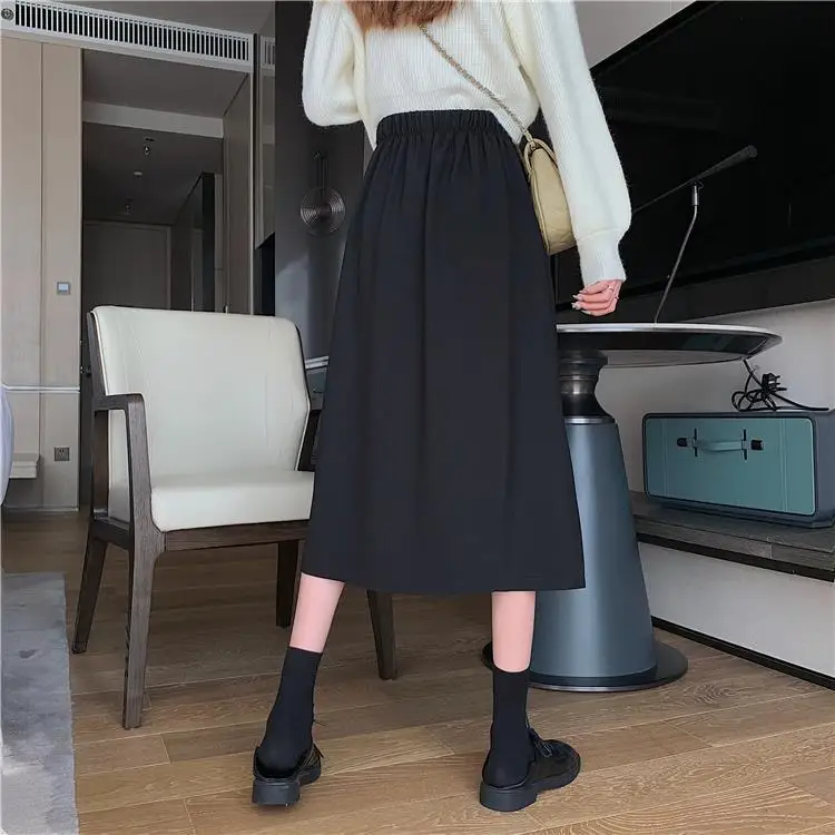 

Women New 2021 Autumn Winter Wool Skirt Vintage Solid High Waist Button Slim Office Lady A Line Skirts Female Skirts Faldas A297