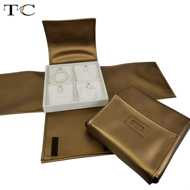 

New Square 4 Grids Gray Velvet Soft Jewellery Bracelet Bangle Display Storage Bag Portable PU Leather Jewelry Package