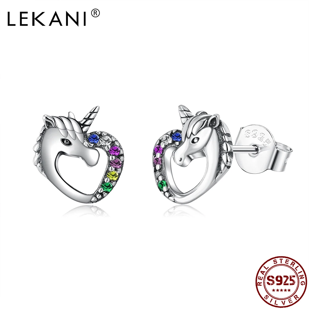 

LEKANI Cute Licorne Heart Stud Earring Sterling Silver 925 Jewelry For Women Dazzling Cubic Zirconia Earrings Girl Birthday Gift