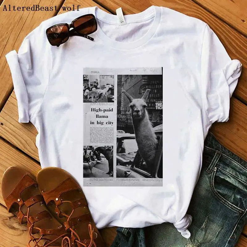 Женская футболка с ламой в машине 2019 стиле Харадзюку забавная женская коротким