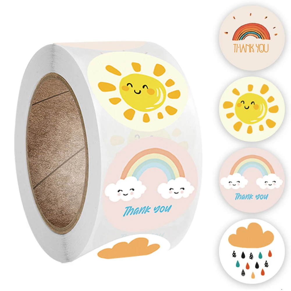 

100-500 Pcs Round Cartoon Thank You Stickers Cute Sun Rainbow Clouds Sticker For Handmade Gift Decor Labels Kids Reward Stickers