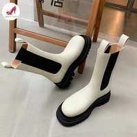 cozok fashion white chelsea mid calf boots genuine leather thick sole high heel winter platform boots brown slip on ladies shoes