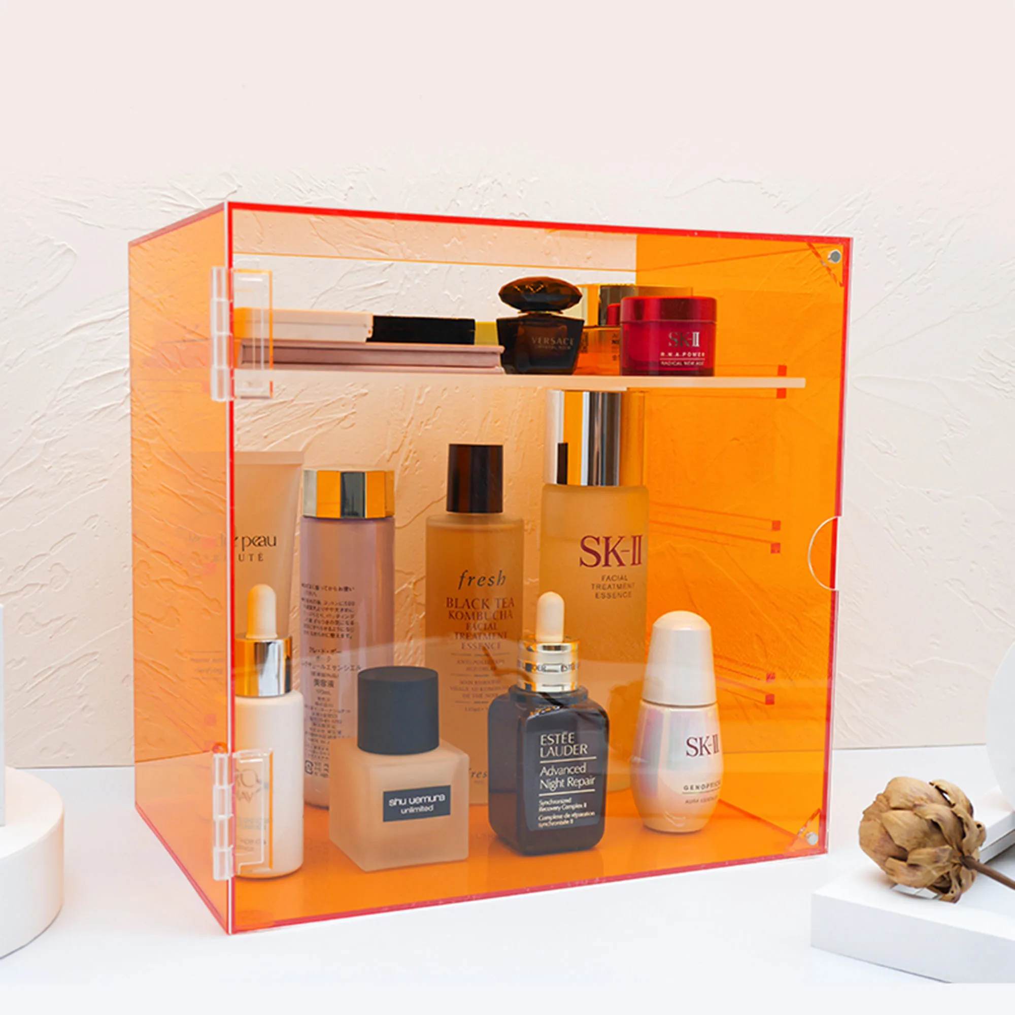 

Orange Large Acrylic Cosmetics Storage Box With Lid Perfume Storage Box Skin Care Hand To Do Dust Racks