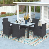7pcs outdoor wicker dining set black rattan patio furniture set with beige cushion include 6 armchairs 1 tableus stock