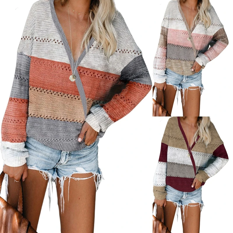 

Women Autumn Long Sleeve Sweater Sexy Faux Wrap Deep V-Neck Pullover Tops Color Block Stripes Hollow Out Knitted Loose Jumper St