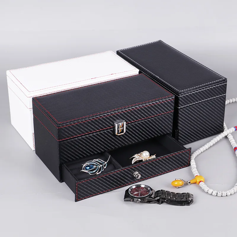 

Carbon Fiber 4 Double Layer Jewelry Box Watch Box Necklace Ring Glasses Storage Box Fashion Jewelry Storage Box Jewlery Box