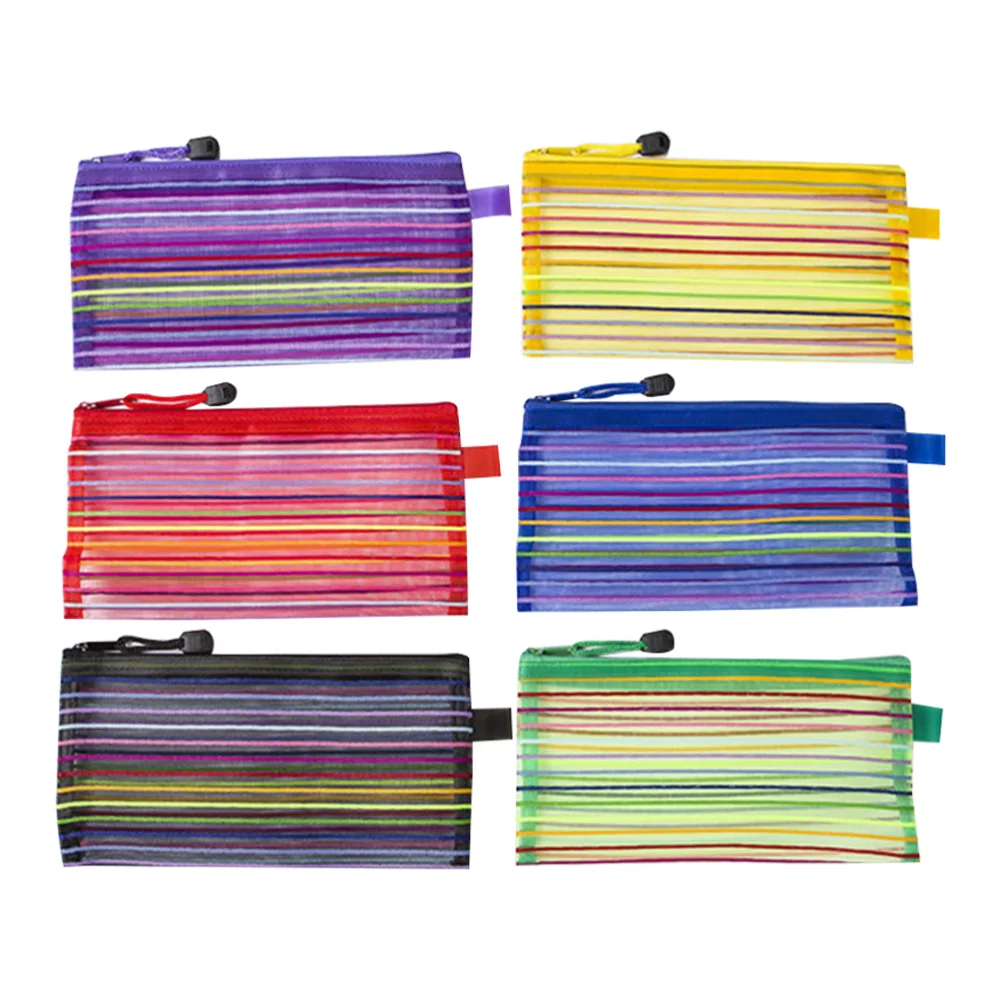

12pcs A6 Portable Stationery Bag Nylon Mesh Zipper Colorful Cross Stripe File Bag Waterproof Pencil Bag for Office School Suppli