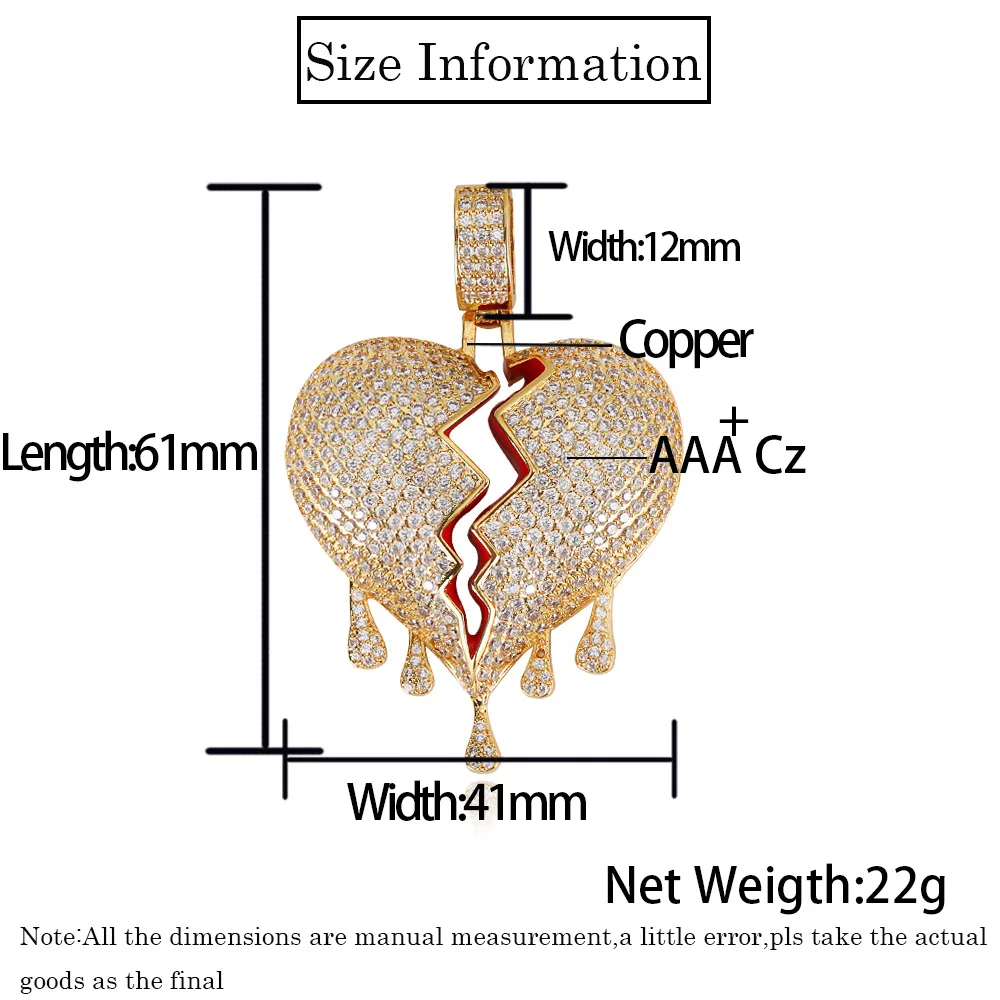 

Hip Hop lced Out Paved Zircon Stone Bling Broken Heart Pendant With Long Chain For Women Rapper Mens Necklace Jewelry