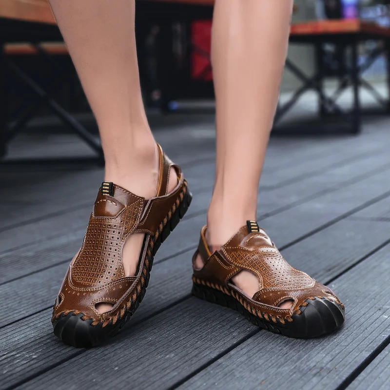 

Men Sandals Shoes For Men's Loafers Slippers Summer Leather Flats Casual Driving Beach Dad Outdoor Soft Soled Sandalias Hombre