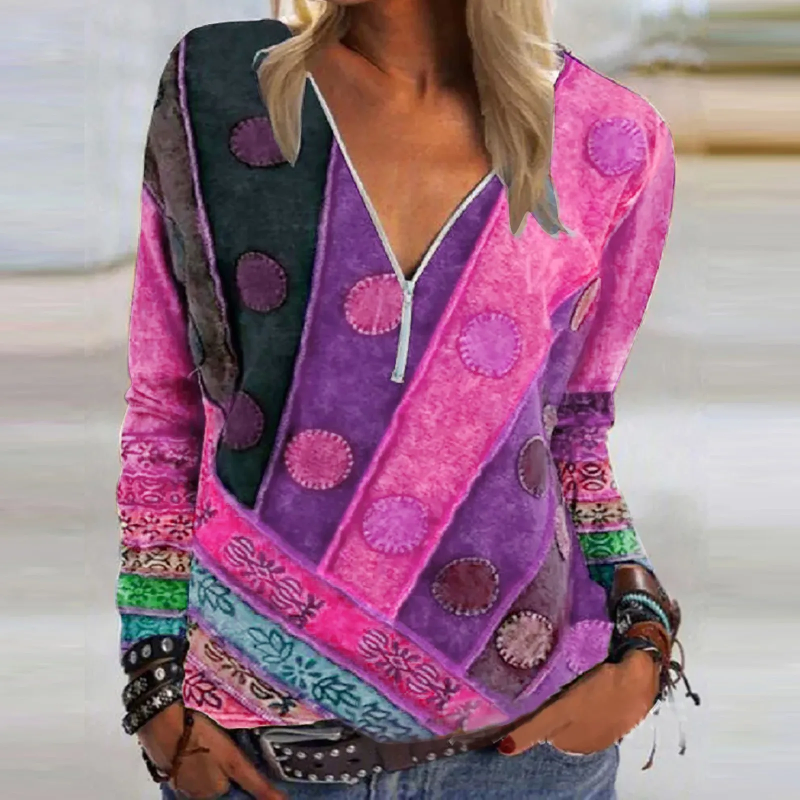 

New Fashion Women's Shirt Autumn Print V-Neck T-Shirt Casual Long-Sleeved Zipper Slim Elegant Street Wear Female Top 2021 blusas