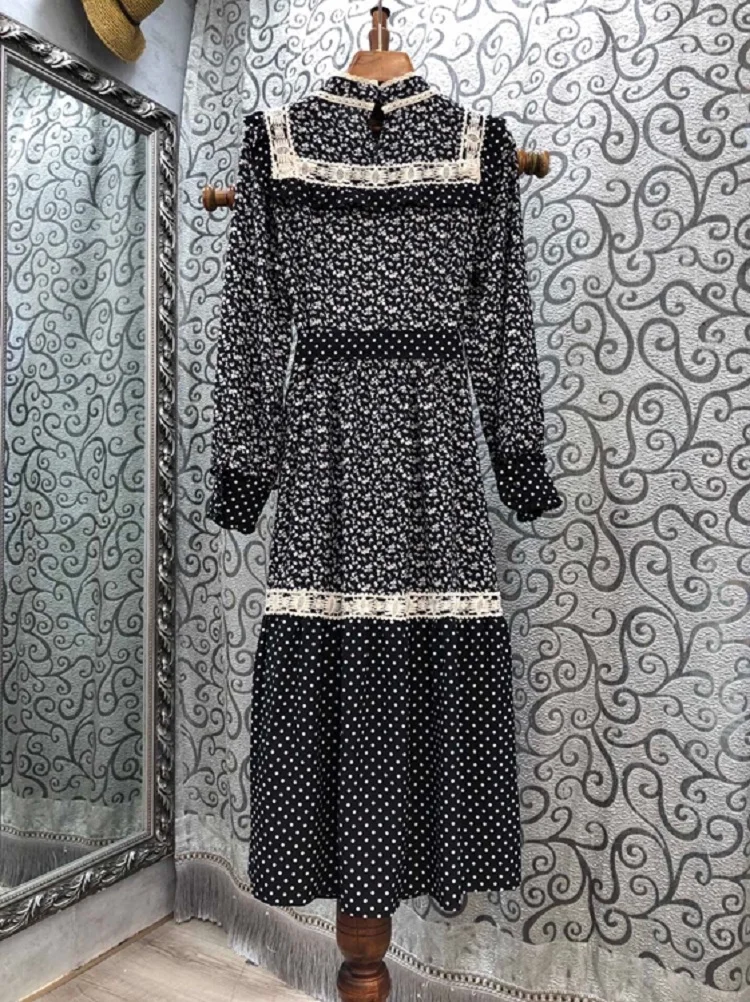 

New Top Quality Cotton Dress 2021 Autumn Clothes Women Stand Neck Elegant Little Floral Print Lace Patchwork Long Sleeve Dress