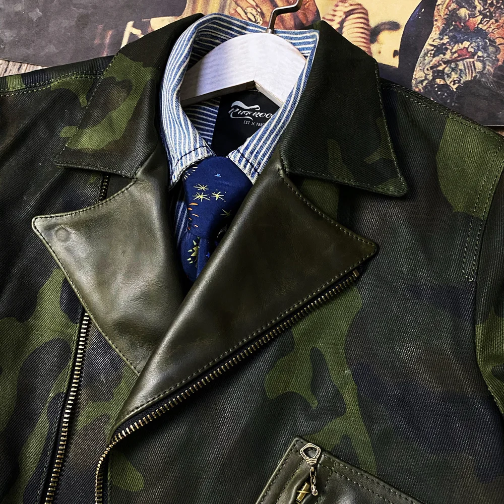 

Description! CD758 Read Asian Size Super Top Quality Genuine Italian Leather & 22oz Raw Denim Slim Classic Stylish Camo Jacket