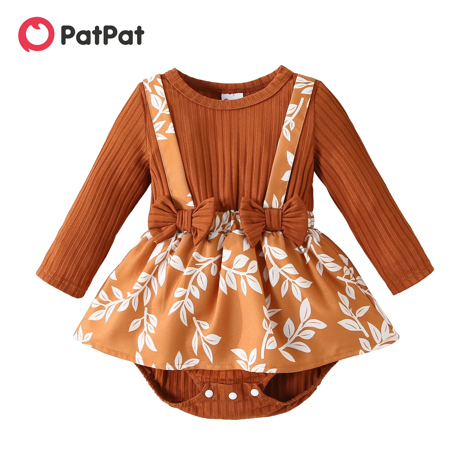 

PatPat Baby Girl Brown Ribbed Long-sleeve Bowknot Splicing Leaves Print Skirted Romper