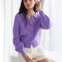 women spread collar button up cable cardigan knit crop top