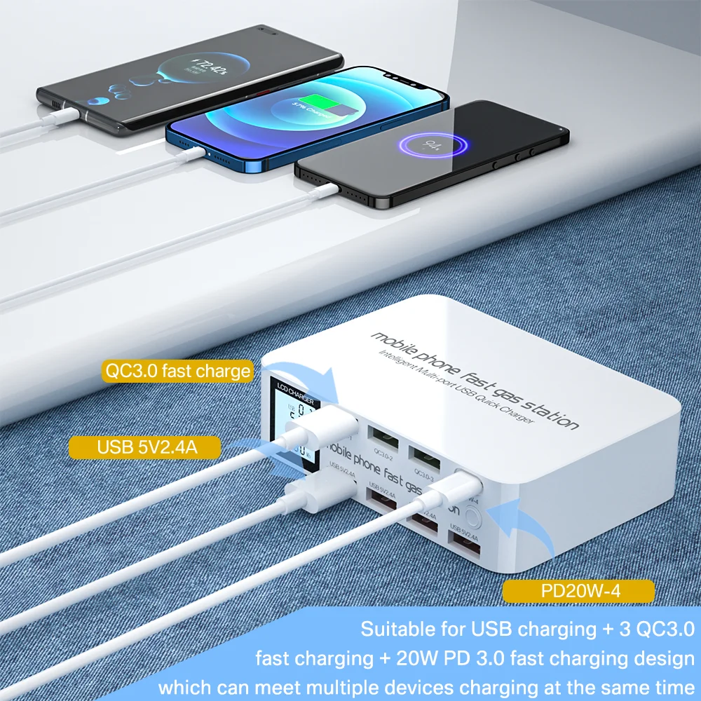 8 ports usb fast charger 100w qc3 0 pd usb c type c phone charger lcd digital display charging station adapter for iphone xiaomi free global shipping