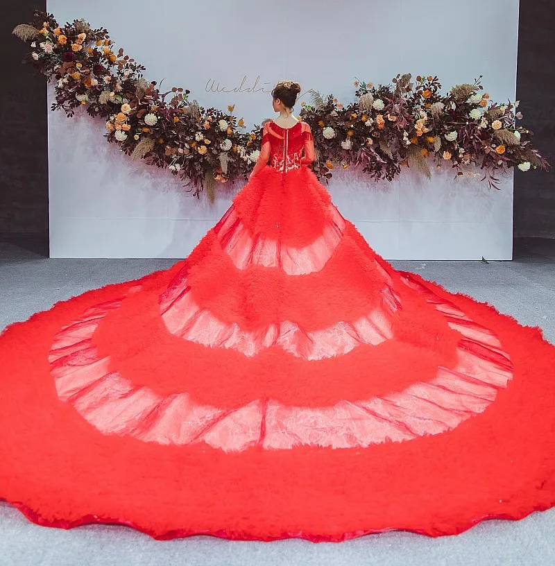 Красное красивое свадебное платье с бисером 2020 новый дизайн круглый вырез