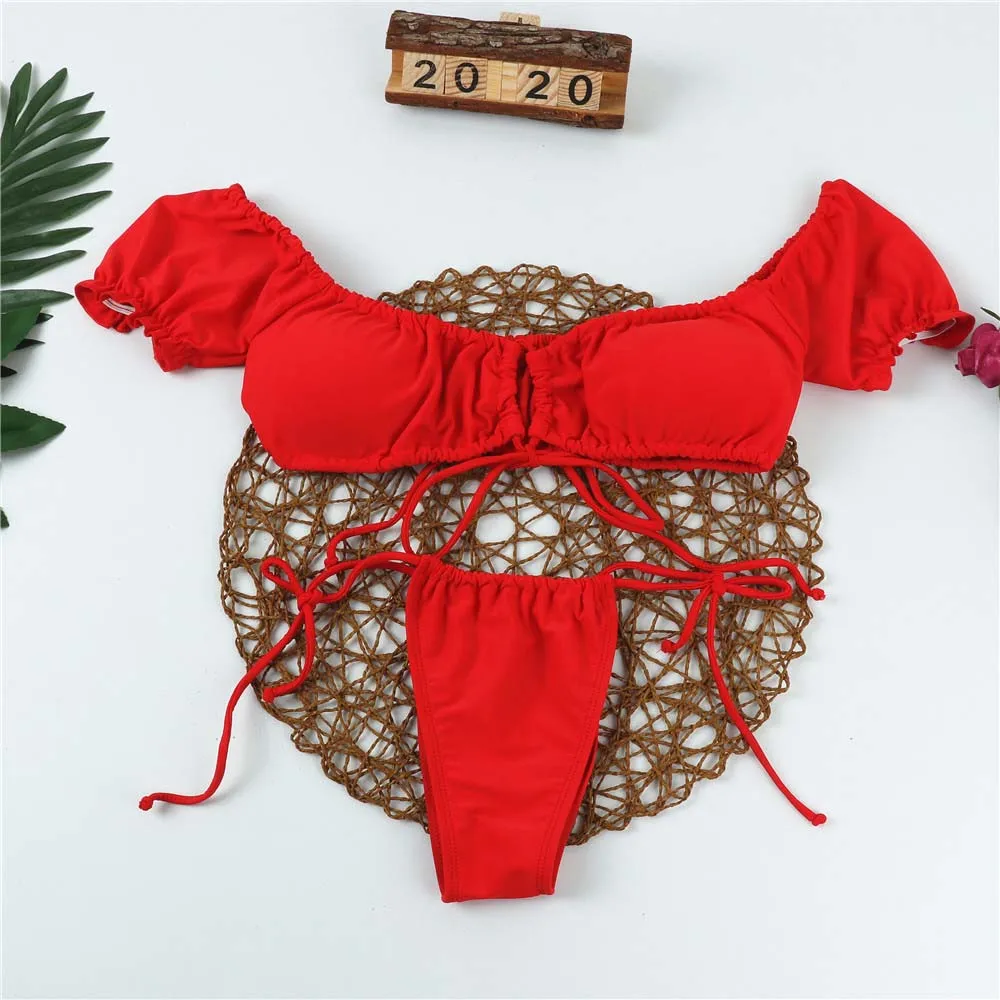 

Paotang2020 Summer New Sexy Chinese Red One-Shoulder Swimwear Solid Color Ladies Unique Strappy Bikini Beachwear Two-Piece Suits