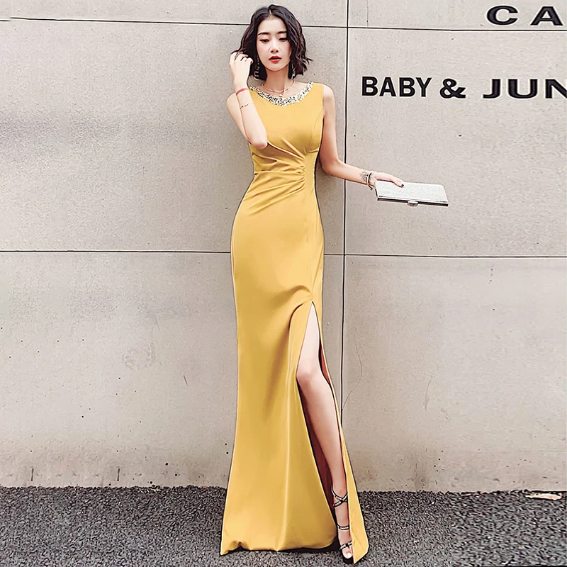 

Evening Dresses O-Neck Tank Sleeveless Crystal Bling Mermaid Floor-length Simple Elegant Plus size Women Formal Party Dress C187