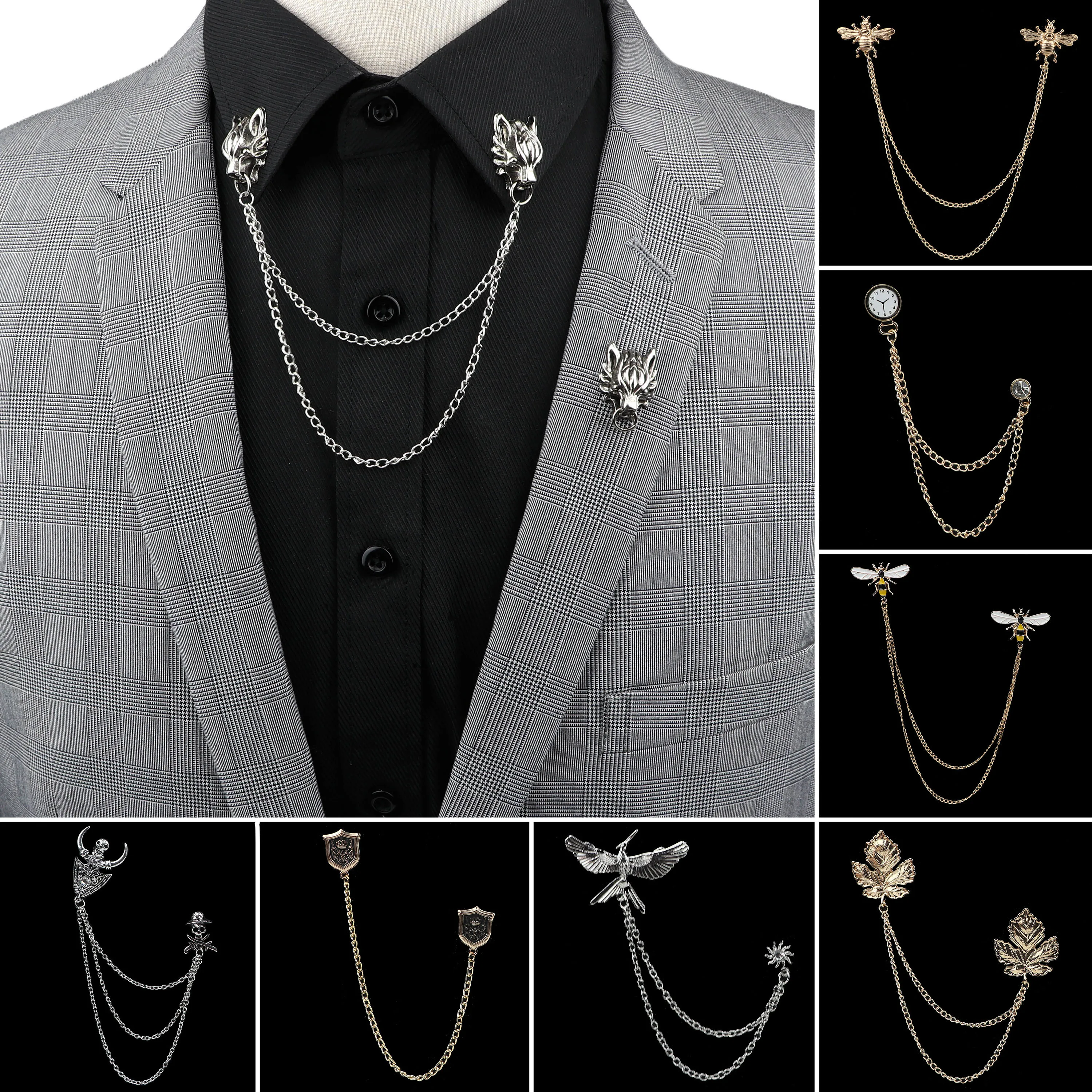 

Man Suit Shirt Collar Tassel Chain Lapel Pin Brooch Dragon Badge Retro Pins Wedding Dress Party Dance Neckware Accessories