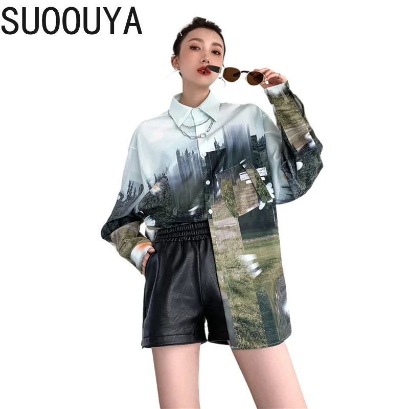 

[SUOOUYA] Women New Lapel Long Sleeve Big Size Pattern Print Green Blouse Loose Fit Shirt Fashion Tide Spring Autumn Tops 2021