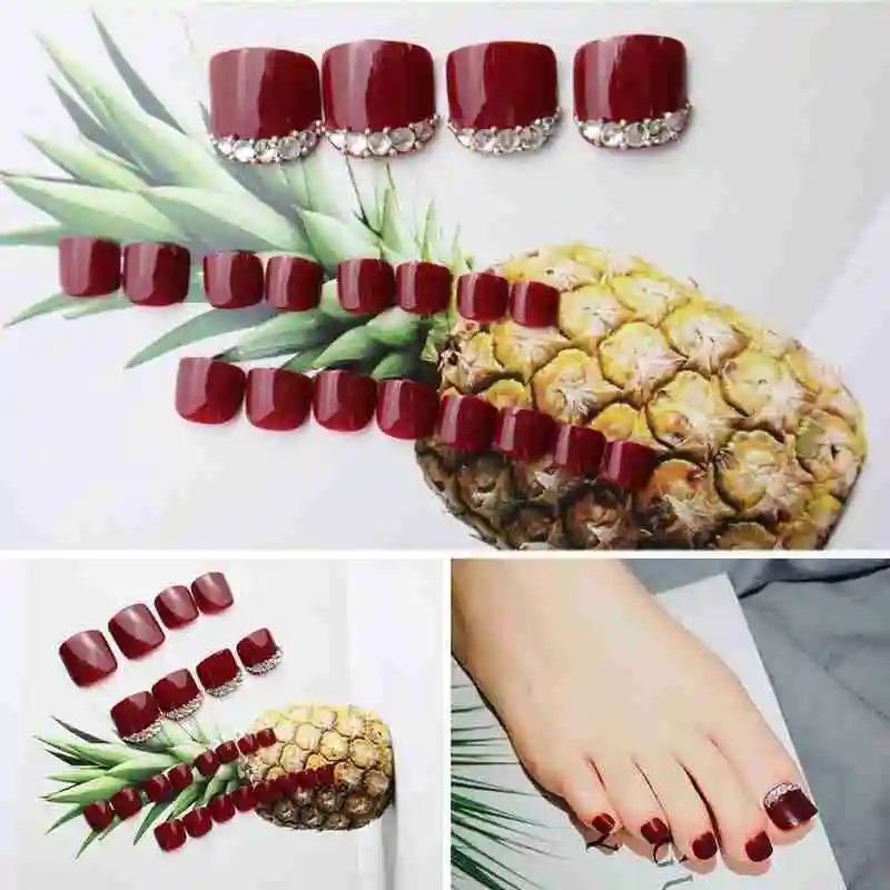 

24Pcs Wine Red Foot false nails Patch Full Cover artificial Glue Set nail art Nail ongles with Stickers toenails tips Fake W5G7