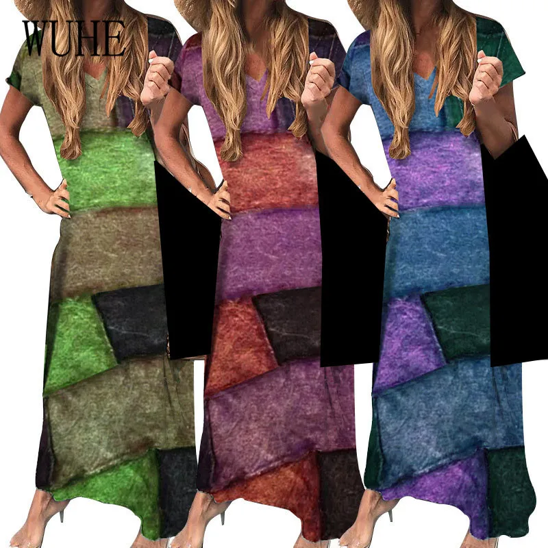 

YEYA богемное Свободное длинное платье лоскутное цветное контрастное с принтом с коротким рукавом сексуальное с V-образным вырезом пляжное п...