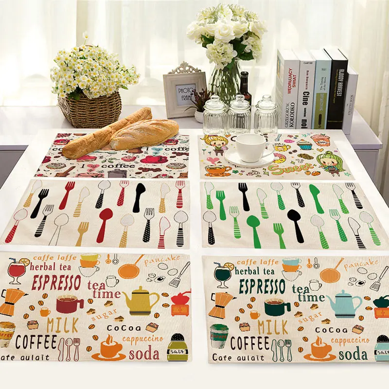 

Catering Theme Print Placemat Dining Restaurant Kitchen Decor Tableware Mat Coffee Coaster Cotton Linen Home Textile Pad 42*32cm