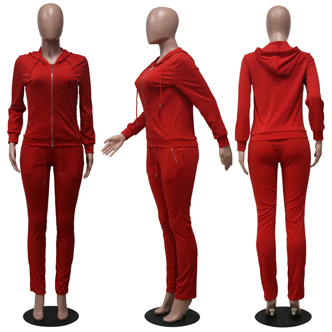 

2021 Women's Solid Color Long Sleeve Casual Suit Hooded Zipper Top Tights Two Piece Outfits for Women